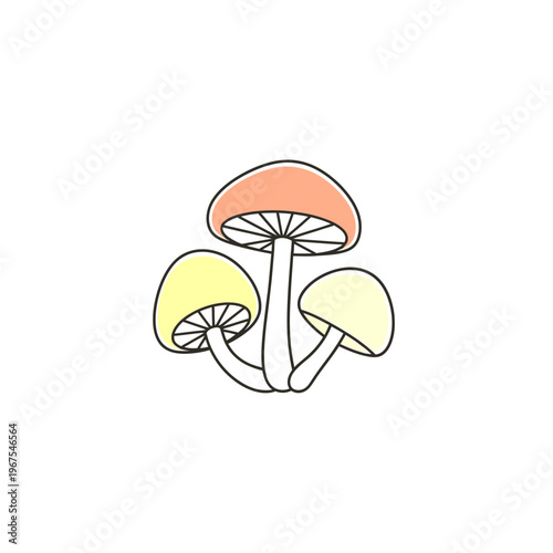 Cute cartoon vector illustration of a cluster of three wild mushrooms with colorful caps, simple nature element design.