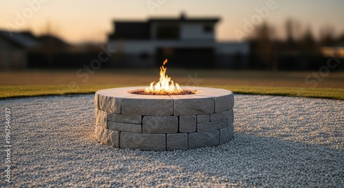Modern stone fire pit with fire on gravel patio against blurred house