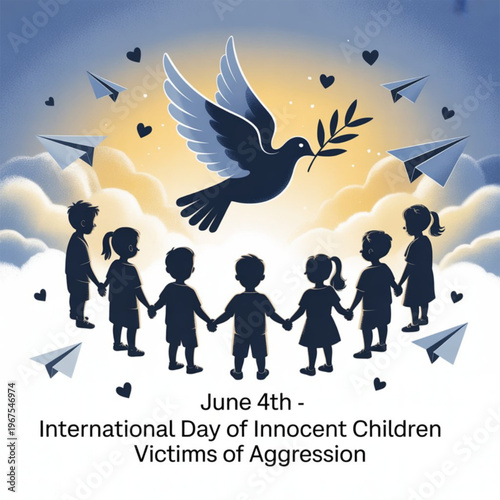 Children holding hands against a sky background for international day of innocent victims of aggression Vector, illustration