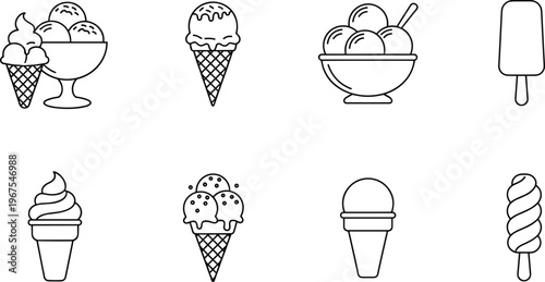 Ice cream icons set featuring cones scoops popsicles dessert line vector illustration minimal outline design collection sweet food concept pack