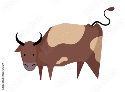 Cartoon vector illustration of a cow standing. Flat style farm animal isolated on white background for agriculture and dairy design.