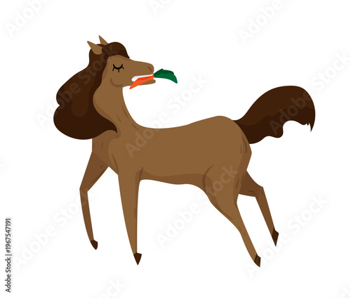 Cartoon vector illustration of a horse holding a carrot. Flat farm animal isolated on white background for agriculture and children design.