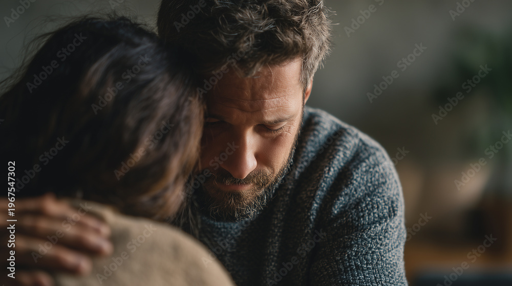 Obraz premium Man comforting partner, emotional support, care and empathy, soft shadows, cinematic lifestyle, defocused background, copy space