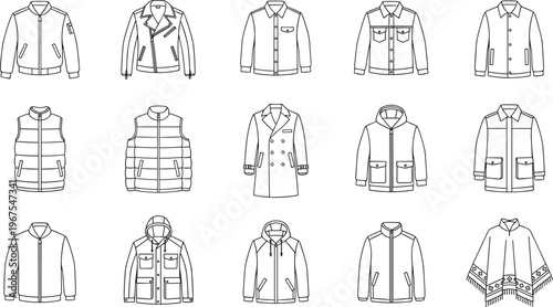 Jacket and outerwear icons set featuring coats hoodies vests winter clothing line vector illustration minimal outline fashion collection design pack apparel concept