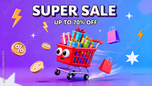 3D vector poster with a vibrant purple-to-blue gradient background, featuring a red anthropomorphic shopping cart with expressive eyes, and bold Super Sale 70% text.