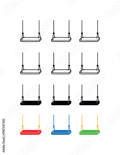 Carefree happiness expressed using identical playground swings displayed horizontally, same seat shapes and hanging lines