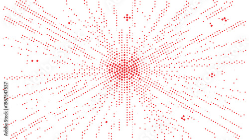 Abstract radial pattern of red dots expanding outwards from a central point on a white background, vector graphic.