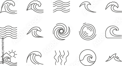 Ocean wave icons set featuring sea water surf swirl elements line vector illustration minimal outline design collection marine nature symbol pack
