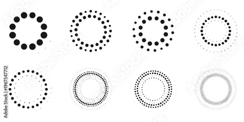 Collection of eight circular halftone dot patterns and loading indicators in various sizes and densities on a white background.