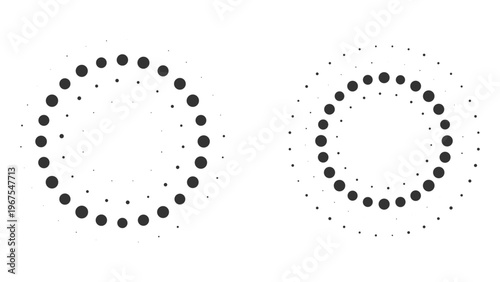 Two circular halftone dot patterns and loading indicators in various sizes and densities, showcasing a radial progression on a white background.