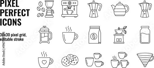 Pixel perfect coffee icons set featuring espresso maker beans cups kettle grinder brewing equipment line vector illustration editable stroke 30x30 grid design