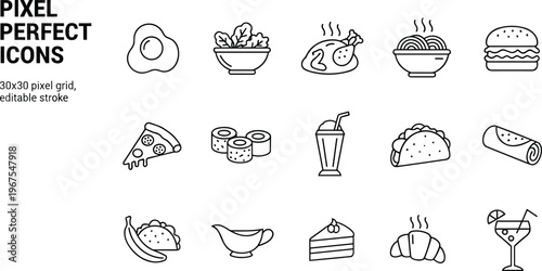 Pixel perfect food icons set featuring pizza sushi burger drinks dessert meal elements line vector illustration minimal outline editable stroke 30x30 grid collection