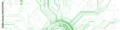 Abstract green digital pattern of squares and dots, symbolizing technology or data streams, set against a clean white backdrop.