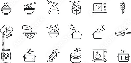 Rice cooking icons set featuring preparation kitchen steps bowl pot microwave line vector illustration minimal outline design collection food process concept pack