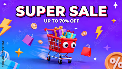 3D vector poster with a vibrant purple-to-blue gradient background, featuring a red anthropomorphic shopping cart with expressive eyes, and bold Super Sale 70% text.