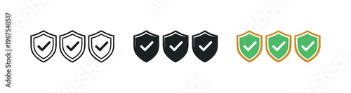 Risk mitigation outcome expressed using repeated shield badges displayed horizontally, identical contours and emblem areas evenly