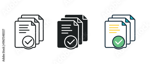 Stamped Paper Icons. Verified paperwork outcome expressed using repeated stamped papers displayed horizontally, identical page