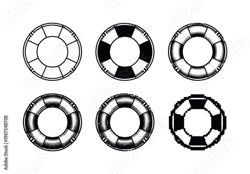 Life Preserver Variations. Classic life preserver ring with circular flotation body and contrasting segment bands, designed for