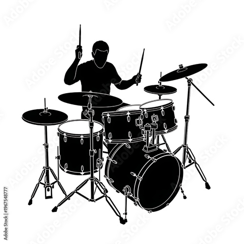Drummer Playing Drum Kit Silhouette.
