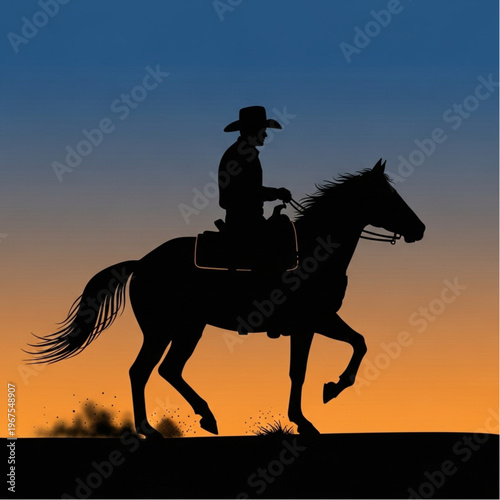 Cowboy Riding Horse Silhouette at Sunset.