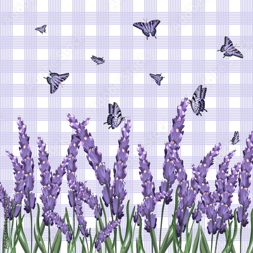 Colorful checkered background with lavender and butterflies.Color illustration with blooming lavender and butterflies on a checkered background.