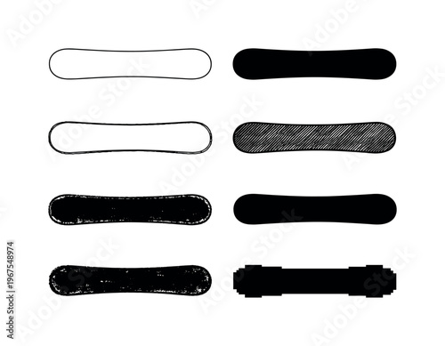 Classic snowboard board with symmetrical outline and gently raised nose and tail, commonly used for alpine snow riding | Create