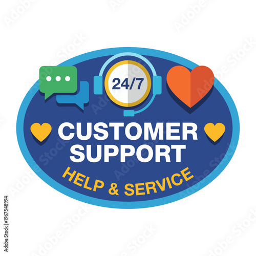 Dark blue oval e-commerce badge with light blue border featuring 24/7 headset icon, chat bubbles, red heart, and bold text reading CUSTOMER SUPPORT HELP & SERVICE for online client assistance.
