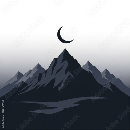 Crescent Moon Above Mountain Peaks Silhouette.