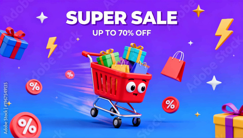 3D vector poster with a vibrant purple-to-blue gradient background, featuring a red anthropomorphic shopping cart with expressive eyes, and bold Super Sale 70% text.