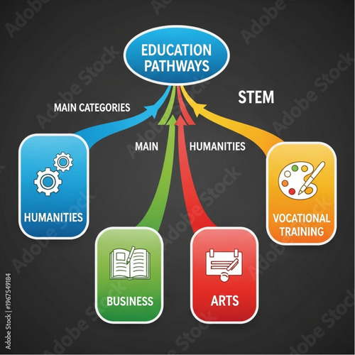 Education Pathways Diagram with Categories and Icons.