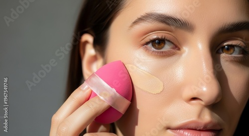 Close-up of a young woman with olive skin and brown eyes applying liquid foundation to her cheek using a pink beauty sponge under bright natural light