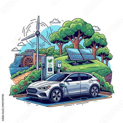 Electric Car Charging at Renewable Energy Station.