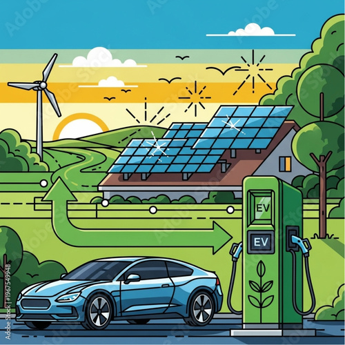 Electric Car Charging at Solar Powered Station.