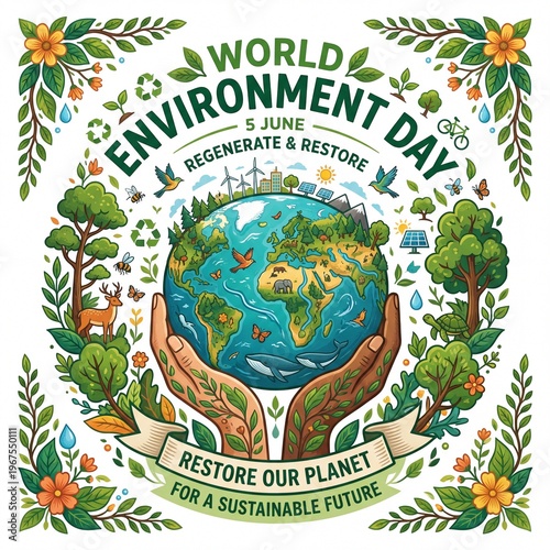 Detailed hand-drawn doodle illustration for World Environment Day June 5th with Earth, animals, and ecology typography.