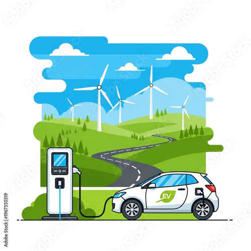 Electric Car Charging at Wind Turbines.
