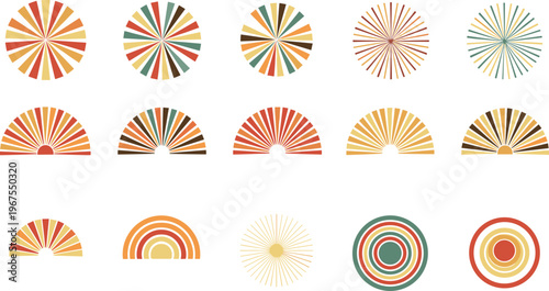 Decorative Circular Sunburst and Rainbow Pattern Collection with Vintage Geometric Radial Designs for Background Ornament and Graphic Elements