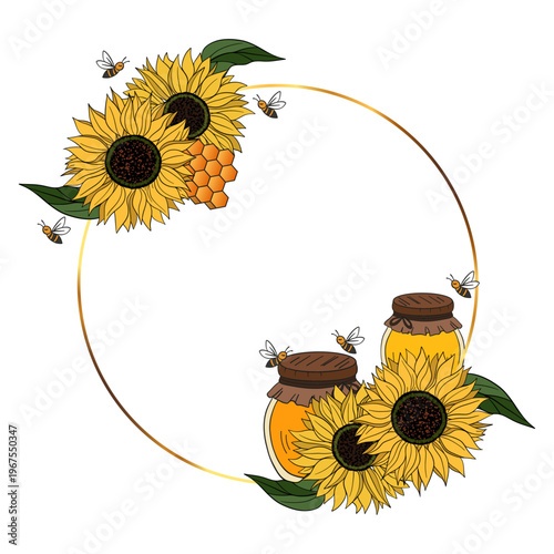 Hand-drawn illustration of honey composition with different types of honey, sunflowers, and bees, framed with an elegant golden frame.