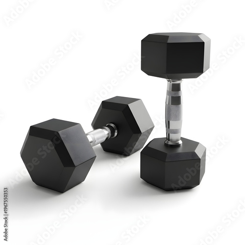 Black 3d metallic dumbbell fitness equipment and silver heavy iron weights isolated on a white background as a gym workout exercise symbol
