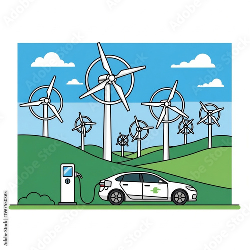 Electric Car Charging at Wind Turbines.
