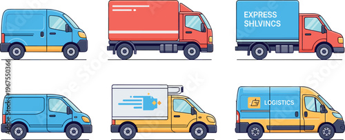 Delivery Van and Transport Vehicle Icon Set with Cargo, Express Shipping, and Logistics Design