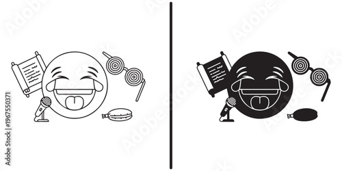 A laughing emoticon with various objects around it in black and white