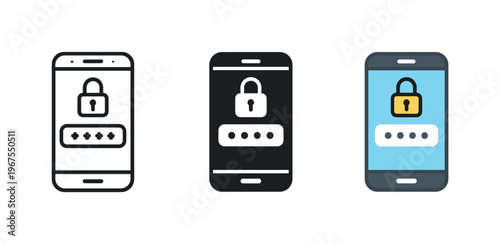 Protected account outcome expressed through repeated smartphone with password dot symbols placed horizontally, same device