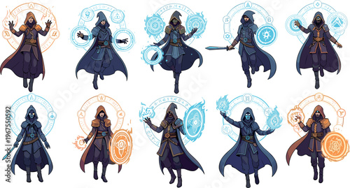 Fantasy Mage Character Vector Set with Magic Circles, Spell Casting, Wizard Robes, and Elemental Powers