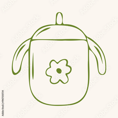 Cute baby sippy cup with a flower pattern, green outline doodle flat retro style. Whimsical hand drawn minimalist vector illustration of infant feeding bottle for nursery or birthday decor on beige