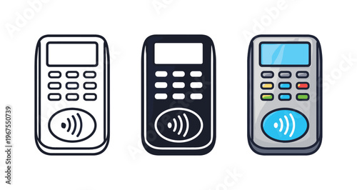 Processing cashless purchases involves NFC payment terminal symbols positioned side by side in a straight horizontal arrangement,