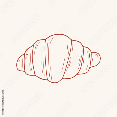 Simple classic french croissant vector in red line art style. Minimalist hand drawn food graphic on beige background for restaurant menu, bakery logo, social media content, food blog decoration
