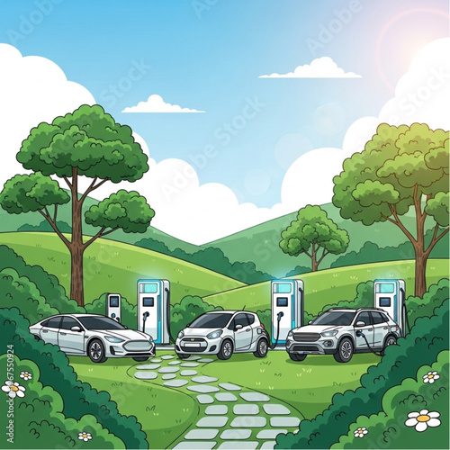 Electric Cars Charging at Station Outdoors.