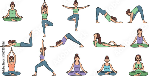 Yoga Pose Vector Set with Meditation, Stretching, Balance, and Fitness Exercises for Healthy Lifestyle
