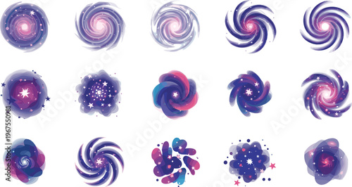 Galactic Swirl and Nebula Icon Set with Cosmic Spirals and Starry Vortex for Space and Astronomy Design