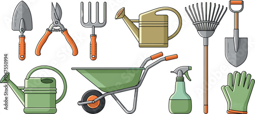 Gardening Tools Vector Set with Shovel, Rake, Watering Can, Wheelbarrow, and Plant Care Equipment